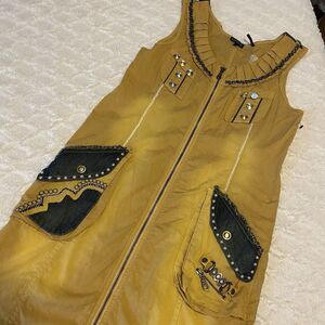 Tricotto Mustard Yellow Sleeveless Small‎ Jeweled Floral Artsy Sheath Dress